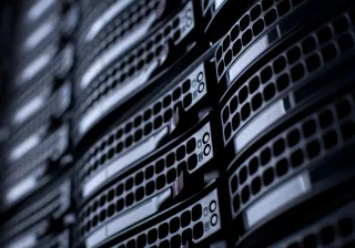 A  closeup of a stack of datacenter servers